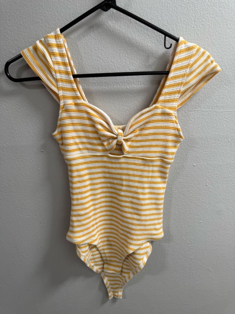Altar'd State Yellow Striped Ribbed Bodysuit - Cap Sleeve Cutout